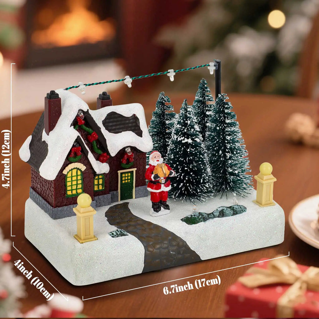 Pueblo navideño iluminado con Papá Noel y árboles