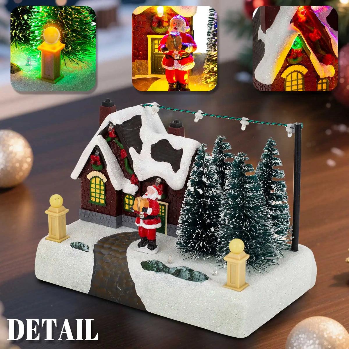 Pueblo navideño iluminado con Papá Noel y árboles